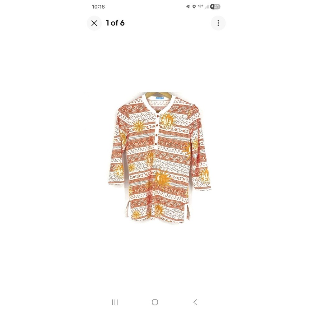 J Mclaughlin Top Size Large Womens Orange Sun Print Catalina Cloth Henley Shirt